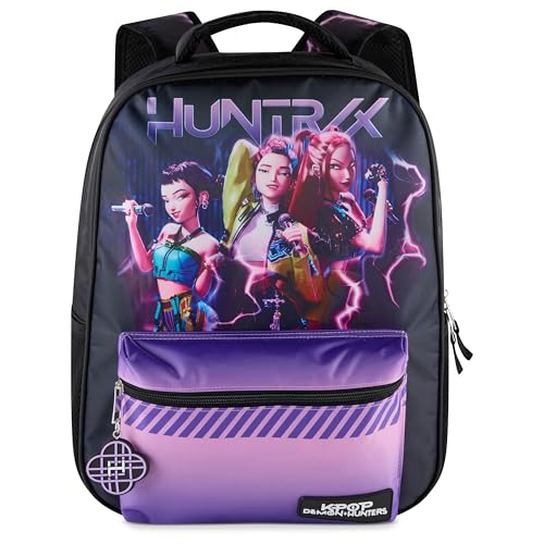 AI ACCESSORY INNOVATIONS K-Pop Demon Hunters Huntrix 16” Backpack for Girls, Featuring Rumi, Zoey, Mira, Rubber Molded Bag Charm, Huntrix - style: Huntrix