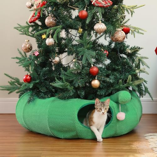 PEQULTI Cat Tunnel with Bed for Indoor Cats, Cat Play Donut Tunnel with Washable Soft Plush Flower Mat, Round Tube Toys Cute Tube for Kittens, Puppies, Rabbits and Ferrets, Green&Pink - color: Flower