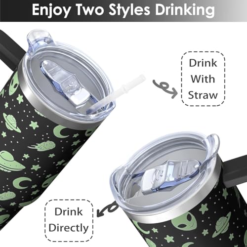 30oz Alien Stainless Steel Tumbler with Handle and Straw, Ufo Lover Insulated Cup Travel Coffee Mug Water Bottle with Lid and Straw, Women Gifts - color: Alien