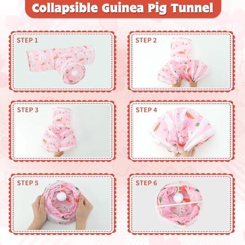 YUEPET Guinea Pig Tunnel, Guinea Pig Toys, 3-Way Play Tunnel Hideout, Pink | Guinea Pig Play Tubes, Collapsible Design, Hanging Play Ball, Peekaboo Opening, 5.9 in Entrance Diameter, Folds for Storage - color: Pink
