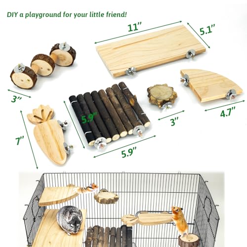 Space Expanding Natural Wood Hamster Platform Set, DIY Small Animal Playground Accessories for Hamster Cage, Climbing & Resting Toys with Adjustable Screws for Hamsters, Chinchillas, Gerbils