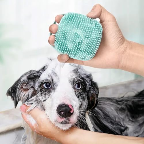 Pet Grooming Brush Bath Soft Silicone Bristle Brush with Soap and Shampoo Dispenser (Blue)