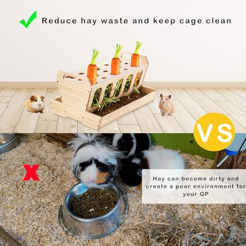 Rabbit Hay Feeder, Large Capacity Wooden Hay Feeder for Rabbits Guinea Pigs Chinchillas, Pet-self Feeding Hay Manager Alfalfa Timothy Dispenser Grass Holder Carrot Feeders for Bunny