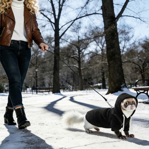 Ferret Clothes and Leash Set, Warm Hoodie Sweater with Harness and Leash for Outdoor Walking, Cozy Wear for Ferrets, Chinchillas, Small Pets, Adjustable Small Pet Outfits (Black) - color: Black