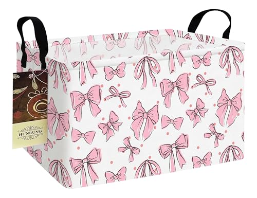 Rectangle Foldable Storage Basket Handles For Home, Pink Bow | Waterproof canvas material, reinforced handles, perfect for shelf use, organizes clothes, daily items and pet supplies - color: REC-Pink Bow