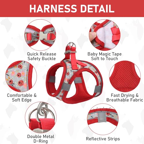 GAMUDA Small Dog Harness Collar and Leash Set, Step in No Chock No Pull Soft Mesh Adjustable Dog Vest Harnesses Plaid Reflective for Dogs Puppy Cats Kitten Rabbit (Red Flower, L) - color: Red Flower, size: L