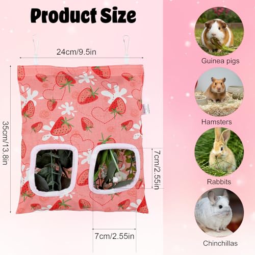 2pcs Bunny Hay Bag, 2-Hole Rabbit Hay Bags, 13.78 X 9.45in Hay Bag for Guinea Pigs, Hanging Guinea Pig Hay Holder for Guineas Pigs Bunny, Small Pets (Pink Strawberry)