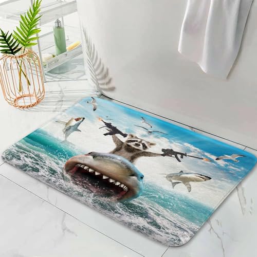Funny Animal Bath Mat, 17x29 in, Cool Raccoon Riding Shark Theme Ocean Bath Rug, Cute Fun Nautical Bathroom Rug, Non Slip Carpet Rugs for Shower, Bedroom, Front Door