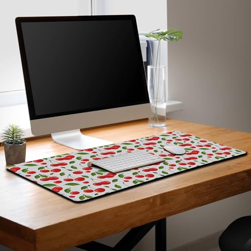 Big Mouse Pad White Red Gaming Mouse Pads Computer Desk Mats 900X400 Mouse Pad Non-Slip Rubber Base Waterproof with Stitched Edges 35.4 X 15.7 for Game Office, Cherry Pattern - color: Cherry