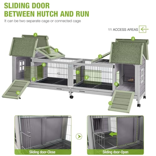 GUTINNEEN Rabbit Hutch Outdoor with Run, Bunny Cage on Wheels, 10.4 ft² Guinea Pig House, No-Leak Pull-Out Trays - size: 80.1"L x 22.8"W x 28.6"H
