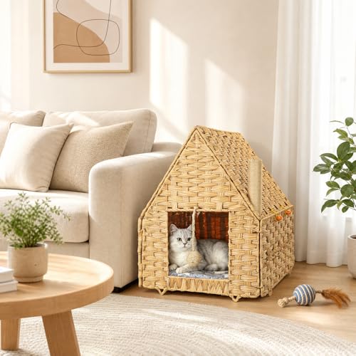 Handwoven Rattan Cat Bed for Indoor Kitten, Cat Cave Bed with Sisal Ball, Cushion & Cat Scratch Post, Foldable Hideaway Cat Hut in Bedroom Living Room, Natural - color: Natural B
