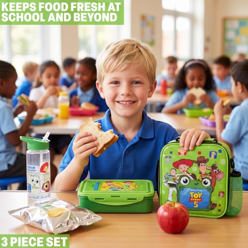 Get Trend Toy Story Boys Lunch Box 3Pc Set | Kids Insulated Lunch Bag with BPA-Free Water Bottle and Bento Box, Back to School Woody & Buzz Lightyear Gifts for Boys - color: Green/Multi Toy Story