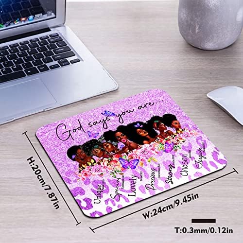 African American God Says You are Mouse Pad, Purple Glitter Cute Desk Mat | Christian Bible Verse Scripture, Inspirational Quote, Leopard Flower Butterfly Sparkles Print, Black Woman, 9.5 x 7.9 Inch - color: Pink Grey