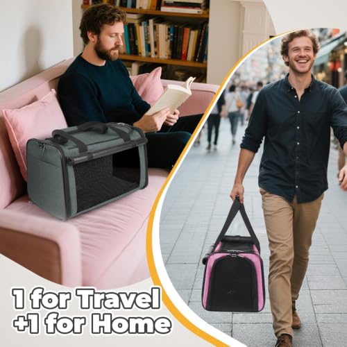 YUDODO 2 Packs 25 lbs Soft Sided Pet Carrier for Large Cat & Small Dog | Airline Approved, Lightproof Breathable Design, Side Pockets, Durable Mesh, Foldable and Portable, Pink+Grey Green - color: Pink*1+Grey Green*1