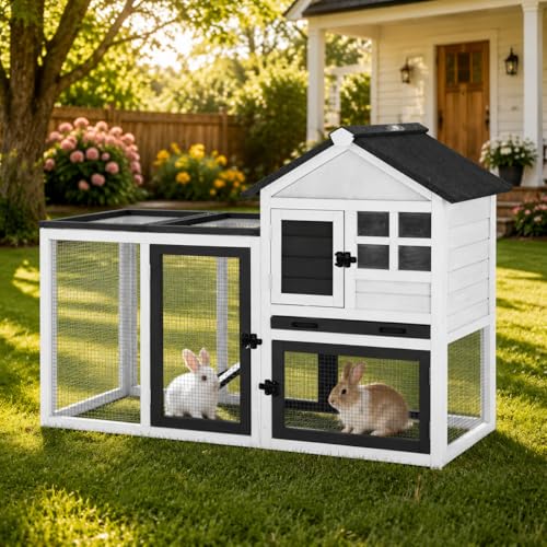 Aivituvin Two-Tier Rabbit Hutch Outdoor Bunny Cage Indoor with Weatherproof Roof Rabbit Cage with Chew-Proof Ramp and Pull-Out Tray for for Small Animals Black and White
