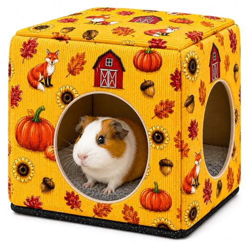 Guinea Pig Hideout House with Removable Cushion, Washable Small Animal Cube Bed, Cozy Bunny Hideaway for Guinea Pigs, Chinchillas, Hedgehogs, Hamsters & Dwarf Rabbits - color: Orange Pumpkin