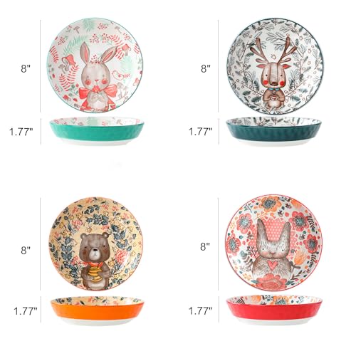TANG SONG 8" Ceramic Animal Pasta Soup Serving Bowls (Set of 4) | Colorful Porcelain Plates for Kitchen, Dishwasher & Microwave Safe, Perfect for Daily Dining, Family Gatherings & Gifts