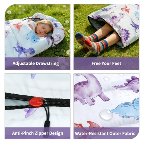 Kids Sleeping Bags - Camping Sleeping Bags with Carry Bag - Compact Sleeping Bag for Hiking, Backpacking 3 Season Warm & Cool Weather, Lightweight Waterproof Outdoor Travel for Boys Girls - color: Purple Dinosaur