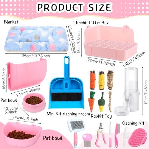 20 Pcs Rabbit Starter Kit Small Bunny Litter Box Animal Grooming Kit with Hanging Pet Bowls Water Bottle Bunny Toys Flannel Blankets with Cleaning Set for Guinea Pig Rabbit Accessories(Pink) - color: Pink
