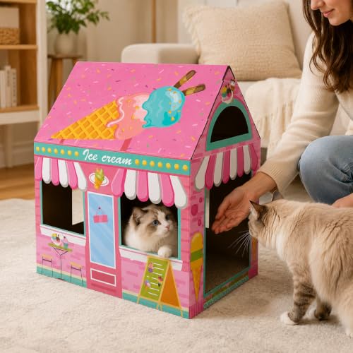 Cinrobiye Cardboard Cat House with Scratcher, Indoor Cat Condo Cat Cave Hideout with Scratch Pad, Cardboard Cat Playhouse Bed for Cats, Kittens, Rabbits & Small Pets (Ice Cream) - color: Ice cream