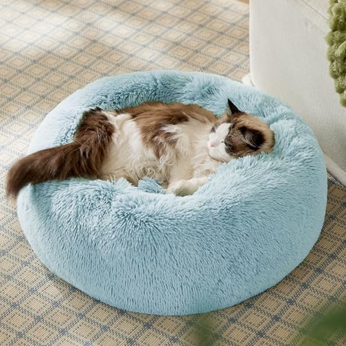 Bedsure Calming Cat Beds Donut Round Washable Kitten Bed,20 inches | Fluffy Faux Fur Cuddler,Anti-Slip Bottom,Anti-Anxiety,Deep Sleeping for Cats&Small Pets Up to 15 Lbs,Aqua Blue - color: Aqua Blue, size: 20"L x 20"W x 6"Th