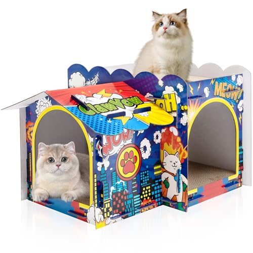 Lineshading 2 Story Cardboard Cat House with Scratcher Pad, Multi Level Durable Cat Scratcher House for Small Kitten Bunny Rabbit Animals Christmas Birthday Gift(17x12x10,Hero) - style: Hero