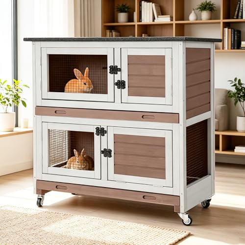 2-Story Rabbit Hutch Indoor Outdoor with Wheels Bunny Cage with Slip-Proof Ramp Guinea Pigs Cage with Waterproof Roof & Easy-Clean Tray Multi-Access Doors 36" L Brown - color: 36"L Milk Coffee