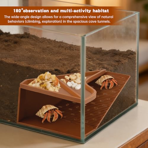 Hermit Crab Cave Habitat with Climbing Tunnel, 2-in-1 Cave Shelter & Feeding Dish, Textured Climbing Ramp & Viewing Window, Reptile Tank Accessories for Turtles, Lizards(Brown)