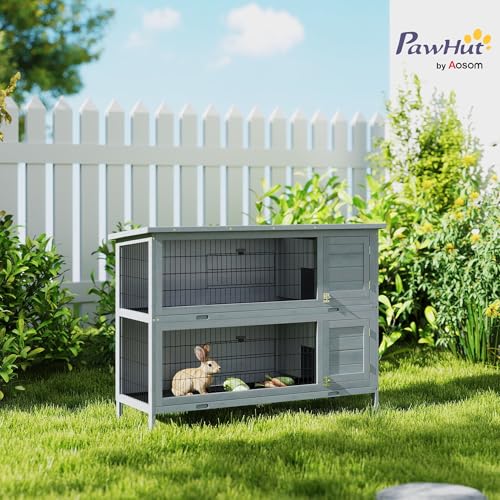 PawHut 54" 2-Story Large Rabbit Hutch Bunny Cage Wooden Pet House Small Animal Habitat with Lockable Doors, No Leak Tray and Waterproof Roof for Outdoor/Indoor Grey | Wooden Pet House, Small Animal Habitat, No Leak Tray, Waterproof Roof, for Chickens Duck