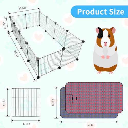 C&C Cage for Guinea Pigs, Guinea Pig Playpen with Mat, 12 Panels | 12 x 12 in, Waterproof Red and Blue Mats, 30 Cable Ties, 24 Connectors, DIY Cage Setup, Guinea Pigs and Rabbits - style: 12 Panels
