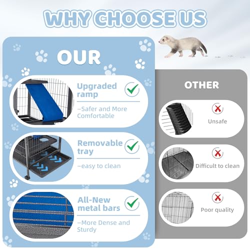 Fragess Small Animal Cage, 45''H Large Metal Rolling 4-Tiers Guinea Pig Cage, Ferret Cage, Rabbit Cage, Chinchilla Cage for Rats/Hamsters, 0.5'' Bar Spacing with Removable Ramp & Platform (Medium)