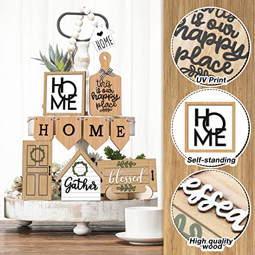 FairySandy 11 Pcs Home Tiered Tray Decor Gather Rustic Farmhouse Tiered Tray Decorations Set Home Wooden Signs Vintage Farm Animal Farmhouse Tabletop Wood Signs for Kitchen Table Shelf Decor - style: Elegant