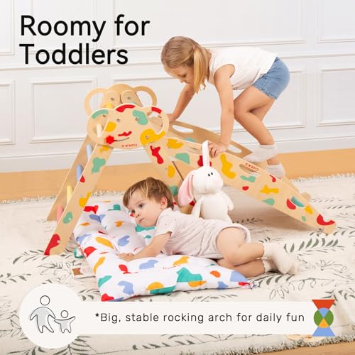 Pikler Triangle Set, Montessori 8-in-1 Climbing Set with Cushion | Wood Jungle Gym for 18M-5Y, Foldable, Reversible Animal Slide, Patent-Protected, 2.35in Gap, ASTM F963, Rainbow - color: Rainbow