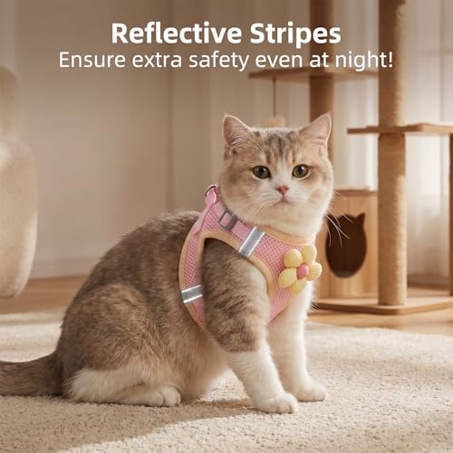 Cat Harness and Leash Set Escape Proof Adjustable Kitten Harness Breathable Mesh Vest Cat Walking Harnesses with Reflective Strips and Flower for Kitty Puppy Bunny (XS)