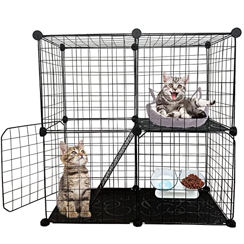 DIY Cat Cage,Pet Playpen Indoor, Detachable Metal Wire Small Animal Cages, 2-Tier Crate Large Exercise Place, Kitten Enclosures with 2 Door, 29.5 x 15.3 x 28.7 Inch, Black