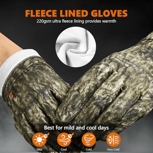 BASSDASH Unisex Fleece Liner Lightweight Camo Hunting Gloves HG07 | Stretch Fleeced Warm Anti-Slip Gloves with Touchscreen for Men Women Cool Weather Shooting Photography Fishing - color: Moss Wood, size: X-Large