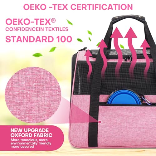 JUNGYOUN Premium Cat Carrier - Pet Carrier for Cat & Small Dogs up to 15lbs - Airline Approved Travel Dog Carrier with Anti-Escape Zippers, Collapsible Travel Bowl & Padded Strap - color: Pink, size: 17.5"L x 12.4"W x 13.5"H