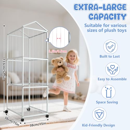 NomNest Stuffed Animal Storage Zoo – Large Metal Plushie Organizer Holds 50+ Toys, Heavy Duty Teddy Bear Toy Holder with Wheels for Bedroom, Playroom, Nursery (White) - color: Pearl White