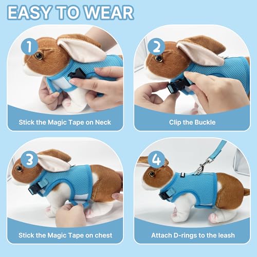 Adjustable Rabbit Harness and Leash Set Escape Proof, Blue M | Padded Vest with Magic Tape Design, Indoor/Outdoor Use (Training, Hiking) - Fits Hamsters, Rats, Iguanas, Puppies, Cats