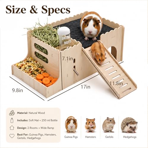 Large Guinea Pig Hideout, Hamster Hideout, with ramp, Easy to Assemble, Sturdy Wooden Small Animal Bed Platform, with Water Bottle, Granary, Used for Small Animal House Habitat or Hamster Hideout - color: Feeder