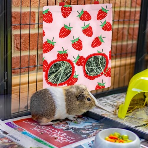 JarThenaAMCS 2Pcs Rabbit Hay Feeder Bag with 2 Holes Pink Strawberry Guinea Pig Hanging Hay Feeding Bag Storage Dispenser for Chinchilla Hamster Bunny Small Animal Pet