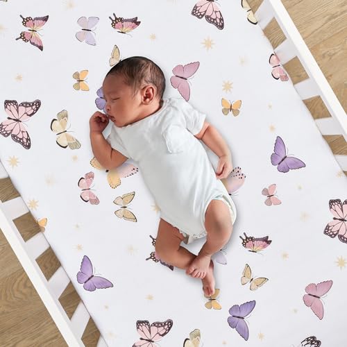 Lambs & Ivy Butterfly Dreams Breathable 100% Cotton Fitted Baby Crib Sheet - color: Butterfly Dreams