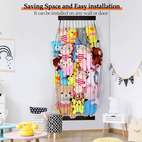 Stuffed Animal Storage Wooden Soft Toy Storage for Kids Room，Wall Mount Door Hanging Stuffed Animal Toy Organizer Shelf for Nursery Play Room Black -Patent - color: Black Board+Black Rope