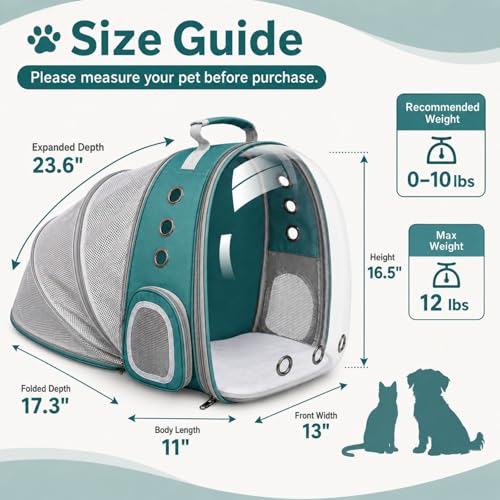 Expandable Cat Carrier Backpack with Bubble Window, Green | Breathable mesh, anti-collapse frame, side door, safety leash and escape-resistant zippers for vet visits and outdoor travel. - color: Green