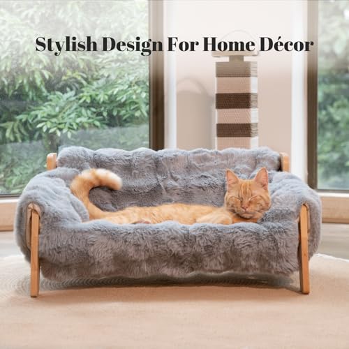Elevated Cat Couch Bed Wooden Raised Kitty Sofa Lounge Chair | Washable Fluffy Cover Wooden Elevated Pet Furniture for Indoor Cats and Puppy(Dark Grey) - color: Cat Sofa-Dark Grey(Blue)