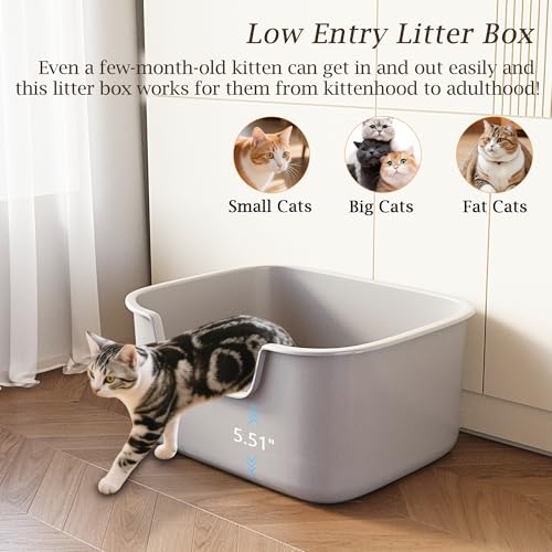 Large Cat Litter Box with High Sides, Side Entry Open Top Deep Tall Litter Pan, Kitty Litter Box for Indoor Small and Medium Cats, Grey (Anti-Splashing) 19.7" L x 15.4" W x 8.6" H - color: Grey