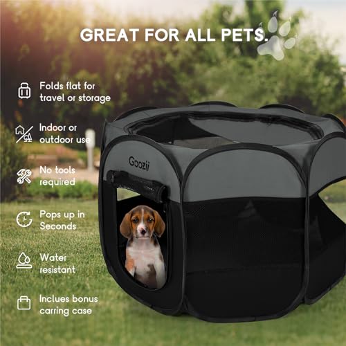 Goozii Portable Dog Playpen for Medium Dogs, Collapsible Pet Cat Kitten Puppy Playpen Indoors Outdoors with Zipper Top Cover (Medium Size, Grey-Black) - color: Grey-Black, style: M [35.5" x 35.5" x 23.1"]