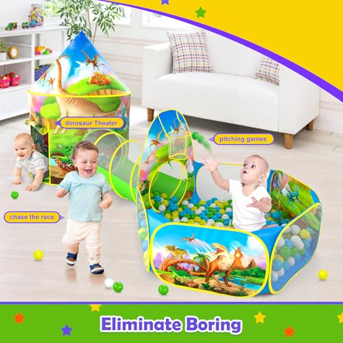 PigPigPen 3pc Dinosaur Play Tent for Kids, Baby Ball Pit, Crawl Tunnel, Castle Tents for Toddlers, Children Indoor & Outdoor Playhouse Toys, Perfect Kid’s Gifts - style: 3PC Dinosaur Tent