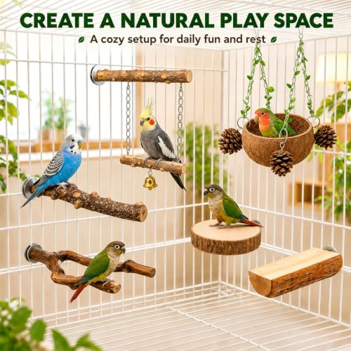 Bird Perch Bird Cage Accessories Parrot Toys Natural Wood 6Pcs Set for Parakeet Cockatiel Conure Lovebird Small Medium Birds