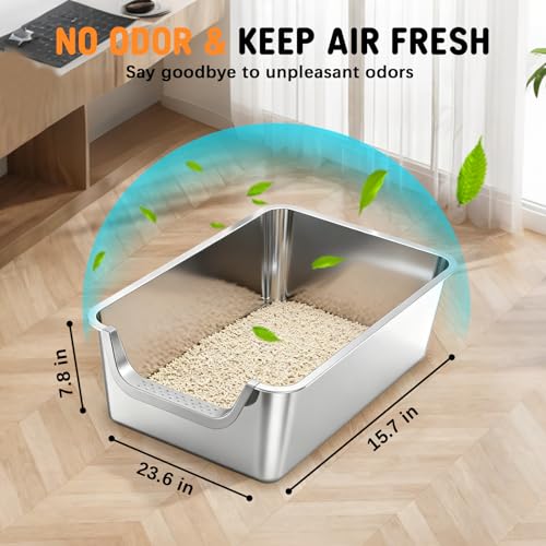 Stainless Steel Litter Box with High Sides,23.6" L X 15.7" W X 7.8" H,Extra Large Jumbo Cat Litter Box,XL Kitty Metal Liter Box for Indoor Big Cat,Non-sticky,Anti-Leakage(Entry on Short Side) - size: Entry on Short Side